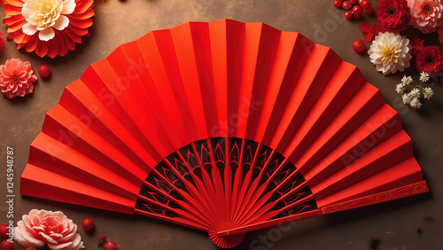 Red and Pink Oriental Paper Fan with Intricate Folds - Traditional Decorative Craft