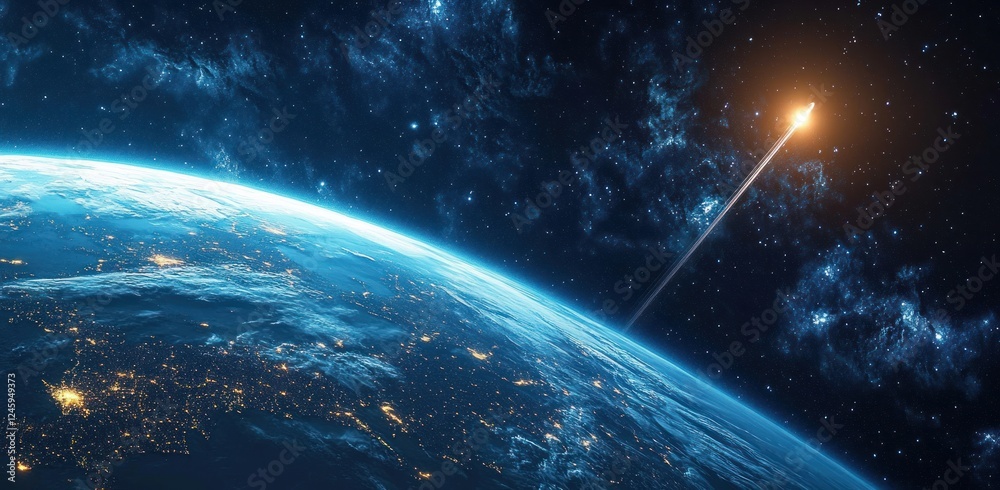 Obraz premium Earth and Comet in Space with Night City Lights Glowing from Planet Surface and Starry Background