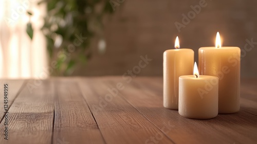 Spa items and scented candles arranged on a wooden table with soft lighting and empty space for text or promotional content photo