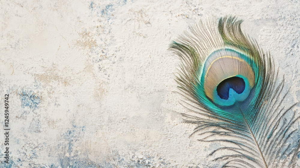 Obraz premium Vibrant old peacock feather close-up on textured light background with ample copy space for creative text or design elements