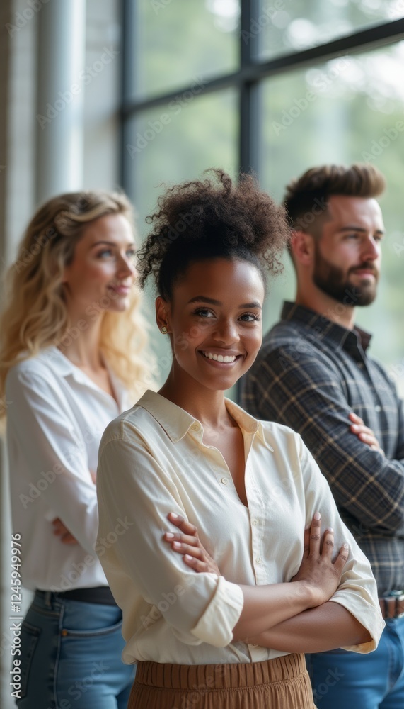 A diverse group of three professionals stands confidently in a modern office space, showcasing teamwork and collaboration. The woman in front, with a radiant smile, exudes positivity, while her A diverse group of three professionals stands confidently in a modern office space, showcasing teamwork and collaboration. The woman in front, with a radiant smile, exudes positivity, while her