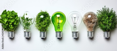 Innovative Light Bulbs Showcasing Sustainable Energy Ideas with Green Elements and Space for Custom Text photo