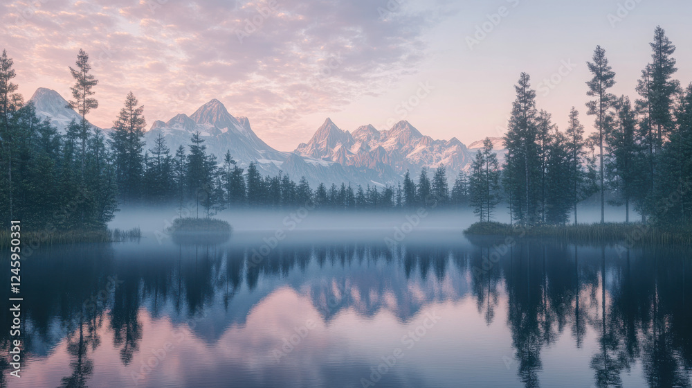 Fototapeta premium A tranquil wilderness scene of a pristine mountain lake with towering, jagged peaks in the background