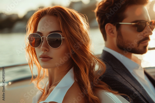 Photo of a beautiful woman with long ginger hair and sunglasses sitting in the back seat wearing a white shirt. photo