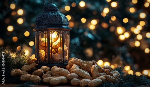 Lantern with peanuts, Christmas lights, festive mood, winter photo