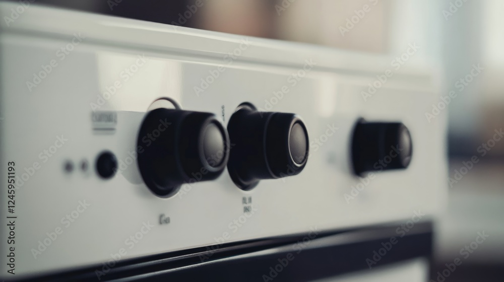 Close up of white kitchen stove control panel featuring black knobs and ample empty copy space for text placement Close up of white kitchen stove control panel featuring black knobs and ample empty copy space for text placement