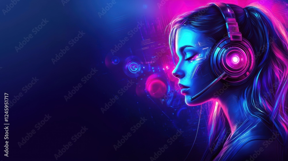Fototapeta premium Futuristic female dj in neon cyberpunk cityscape