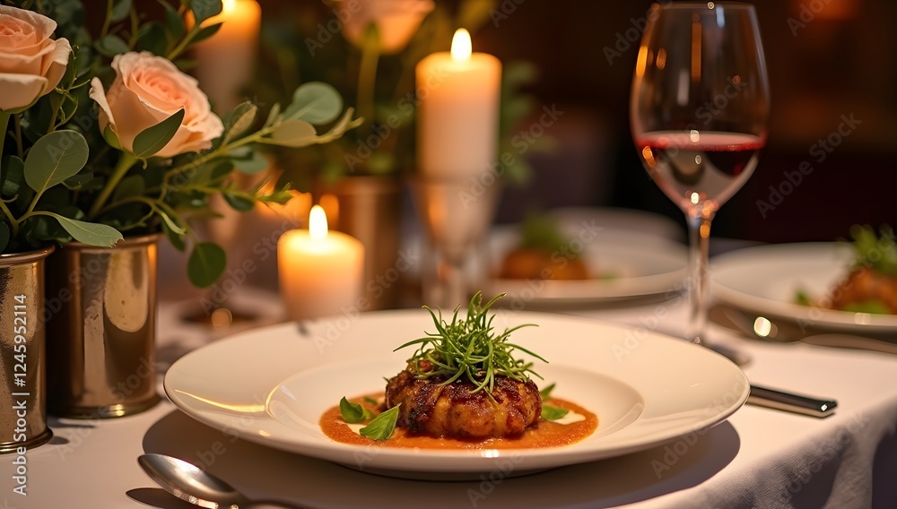 A romantic dinner setting with candlelight, a gourmet dish, and elegant plating, creating an intimate atmosphere. AI-generated. A romantic dinner setting with candlelight, a gourmet dish, and elegant plating, creating an intimate atmosphere. AI-generated.