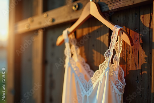 Delicate lace camisole hanging on wooden hanger at golden hour, warmth