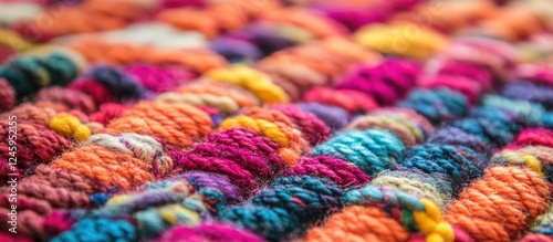 Vibrant close-up view of a colorful woven carpet showcasing intricate texture and rich patterns in a blend of warm hues.