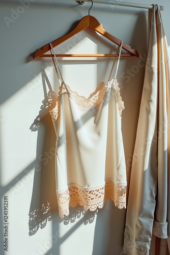Delicate lace-trimmed camisole hanging in daylight, elegant simplicity
