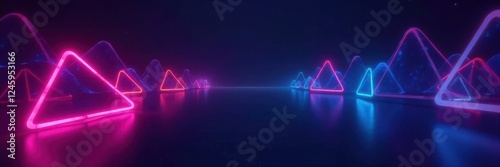 Geometric, glowing neon shapes on dark background, space, abstract