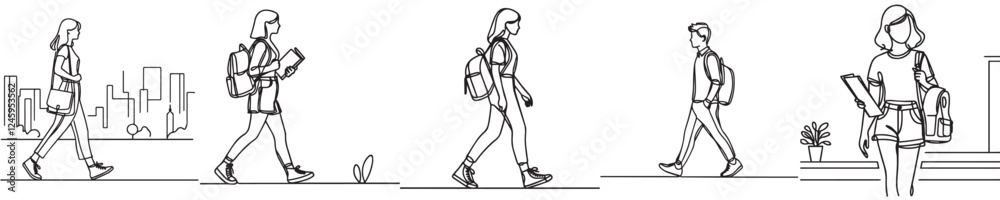 set continuous line students are walking set continuous line students are walking
