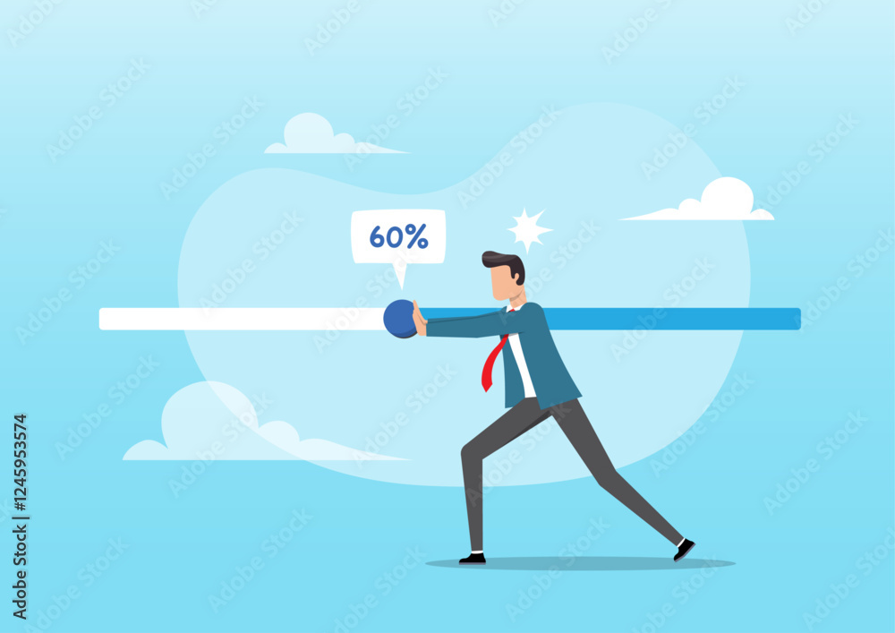 A businessman trying hard to push the working progress bar to finish by the deadline A businessman trying hard to push the working progress bar to finish by the deadline