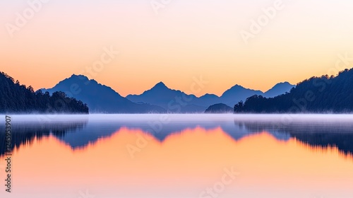 Wallpaper Mural Serene sunrise over tranquil lake reflecting mountains and mist, capturing nature's beauty Torontodigital.ca