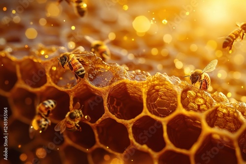 Close-Up Microscopic View of Bees in Beehive Communicating Through Waggle Dance and Glistening Honey Walls photo