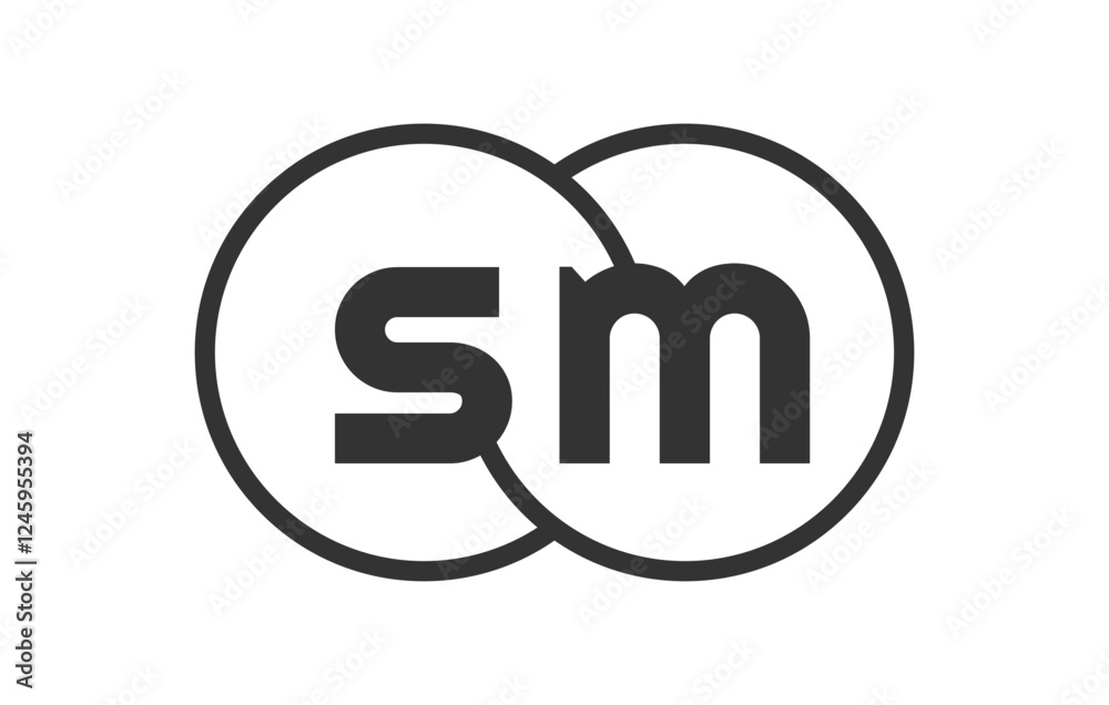 SM business company emblem with outline rounds and letters s m. Logo template of two merged circles for brand identity, logotype. Vector Infinity symbol SM business company emblem with outline rounds and letters s m. Logo template of two merged circles for brand identity, logotype. Vector Infinity symbol