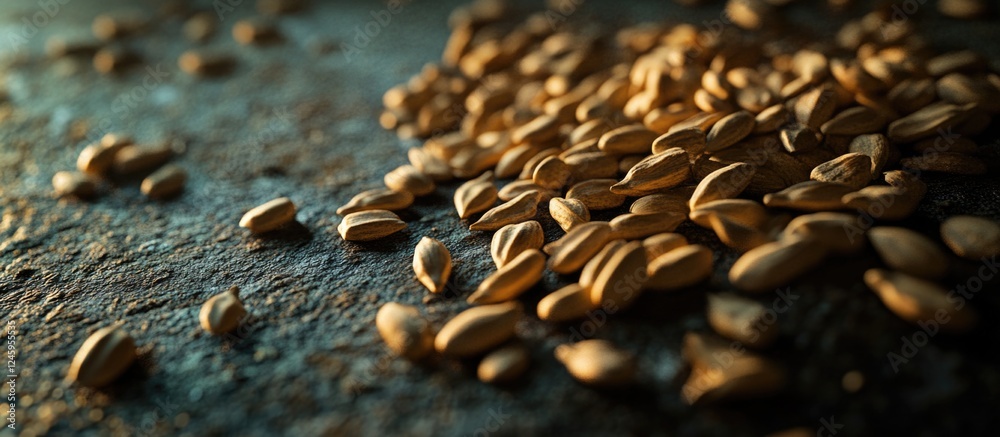 Obraz premium Closeup of scattered dry sunflower seeds on a textured surface highlighting natural tones and intricate details of the seeds.