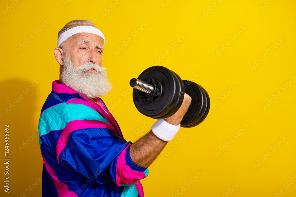 Photo portrait banner of sportive handsome old man lift look dumbbell dressed stylish retro sportswear isolated on yellow color background Photo portrait banner of sportive handsome old man lift look dumbbell dressed stylish retro sportswear isolated on yellow color background