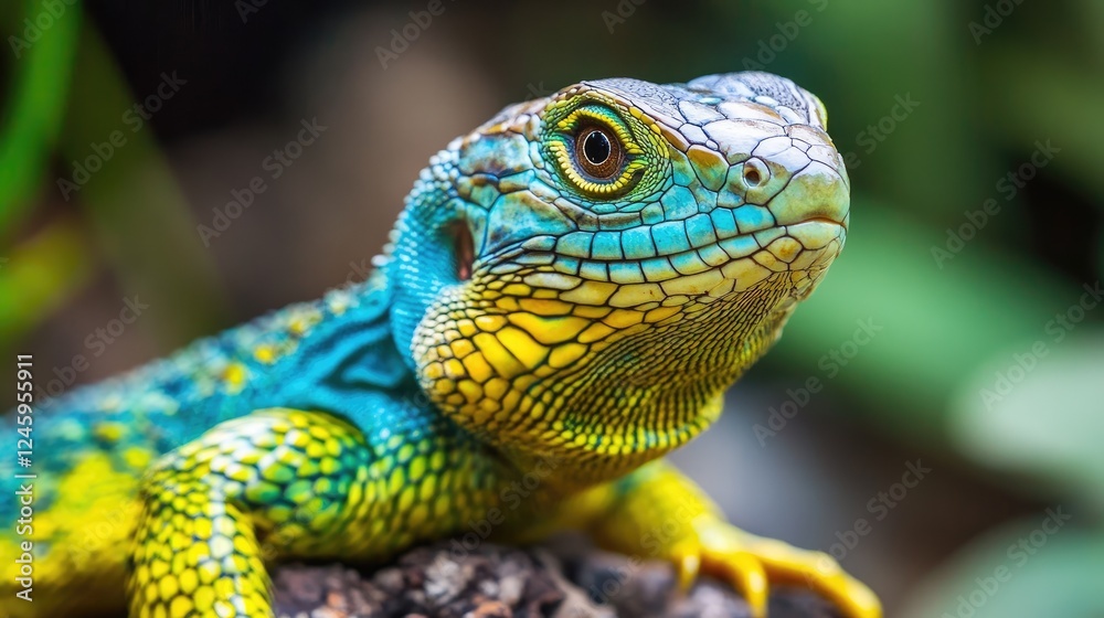 Obraz premium Close-up of a Vibrant Blue and Yellow Iguana with Detailed Scaled Skin