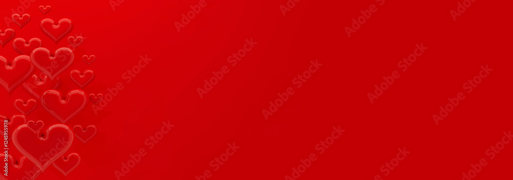 Love background of red glossy balloon hearts as pattern, banner for web with border, copy space for text on red background. Happy hearts. 3D illustration for advertising, design, poster, card, flyer. Love background of red glossy balloon hearts as pattern, banner for web with border, copy space for text on red background. Happy hearts. 3D illustration for advertising, design, poster, card, flyer.