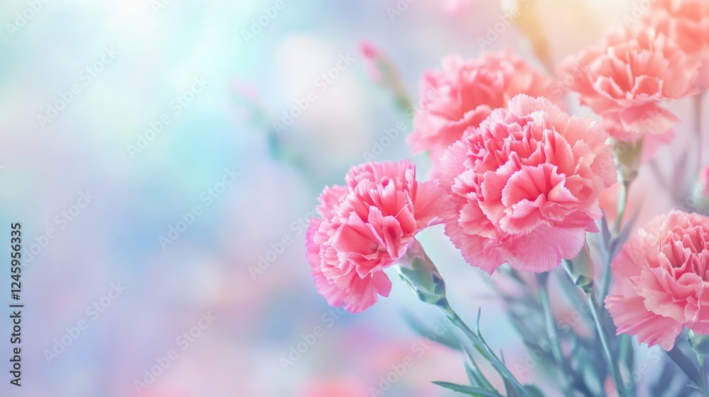 Close up of fresh pink carnation flowers with soft focus background and space for text in a beautiful nature setting Close up of fresh pink carnation flowers with soft focus background and space for text in a beautiful nature setting