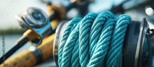 Coiled fishing rope on a fishing reel with blurred background capturing the essence of outdoor fishing adventures and equipment