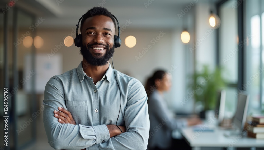 A confident Black man wearing headphones stands with arms crossed, smiling warmly in a contemporary office setting. The background features a woman working at a computer, highlighting a collaborative A confident Black man wearing headphones stands with arms crossed, smiling warmly in a contemporary office setting. The background features a woman working at a computer, highlighting a collaborative