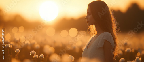 A woman is standing in a field of flowers, looking at the sun