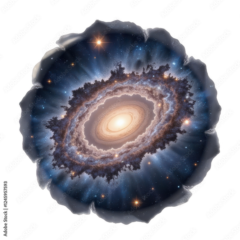 Fototapeta premium Vibrant galaxy depiction, swirling cosmic colors, intricate spiral structure, space exploration theme, perfect for science projects. Isolated on white background or PNG