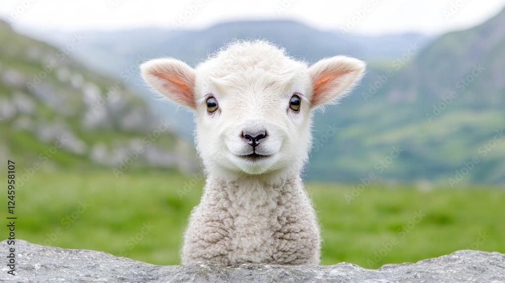 Cute lamb, mountain pasture, spring, nature Cute lamb, mountain pasture, spring, nature