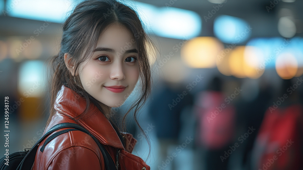 Chinese Business woman in red leather jacket smiling at the airport baggage claim area Chinese Business woman in red leather jacket smiling at the airport baggage claim area