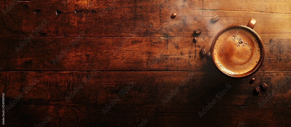 Coffee cup with steaming beverage on rustic wooden table coffee beans scattered around warmth and comfort ambiance Coffee cup with steaming beverage on rustic wooden table coffee beans scattered around warmth and comfort ambiance