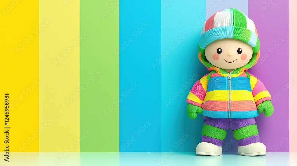 Happy toddler in winter clothes against rainbow stripes