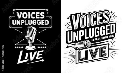 Voices Unplugged T-Shirt Design - Live Performance Graphics Established in 1987, Perfect for Music Lovers and Enthusiasts Who Appreciate Authentic Live Sounds and Artistic Expression