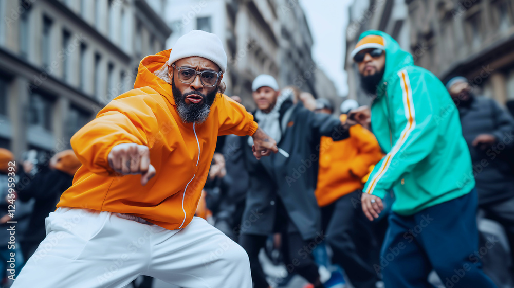 Dynamic Street Dancer in Orange Hoodie, Intense Movement, Urban Backdrop Dynamic Street Dancer in Orange Hoodie, Intense Movement, Urban Backdrop
