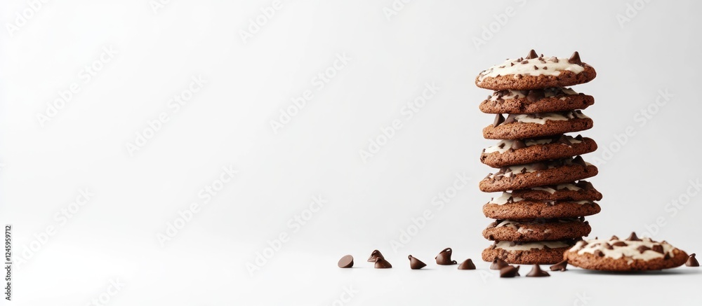Delicious stack of chocolate chip cookies with chocolate pieces on a clean white background perfect for advertising or promotional use Delicious stack of chocolate chip cookies with chocolate pieces on a clean white background perfect for advertising or promotional use