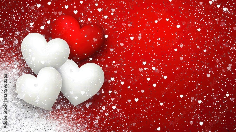 Fototapeta premium Valentine's Day Hearts: Three pristine white hearts nestled beside a vibrant red heart, adorned with a delicate scattering of tiny hearts on a rich red background.