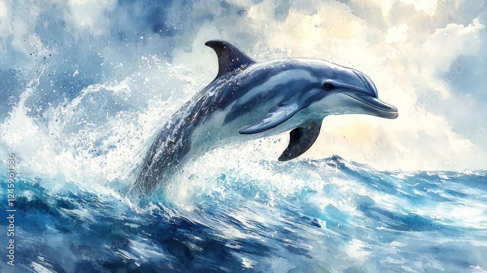 Obraz premium Dolphin leaping from ocean waves under a dramatic sky.