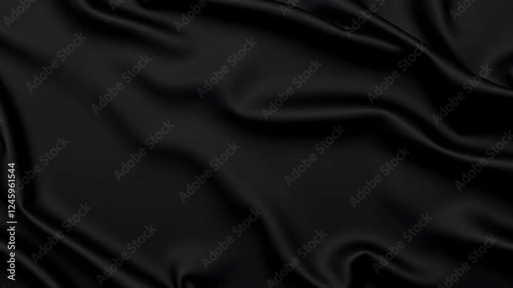 Fototapeta premium Black silk satin surface. Dark elegant background with space for design. Text or product. Table top view. Flat lay. Template. Empty. Creases in fabric. Folds. Generative AI