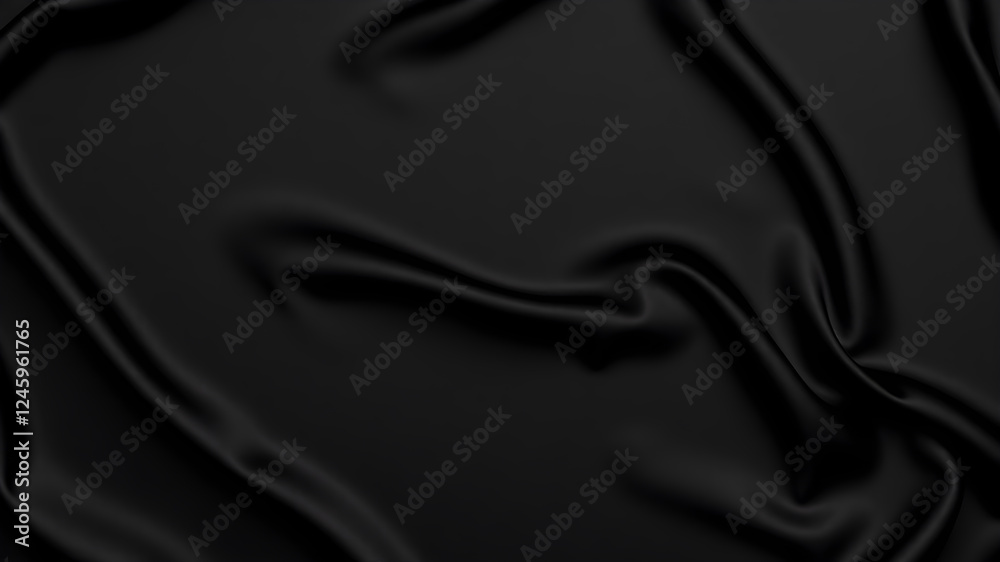 Fototapeta premium Black silk satin surface. Dark elegant background with space for design. Text or product. Table top view. Flat lay. Template. Empty. Creases in fabric. Folds. Generative AI