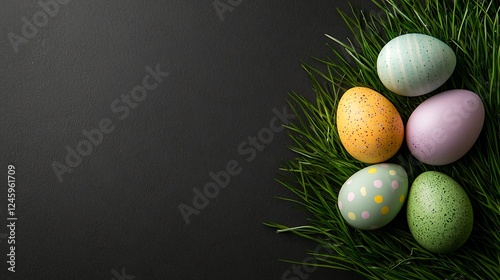 Easter day celebration colorful pastel tone eggs on grass festive decor spring vibe photo