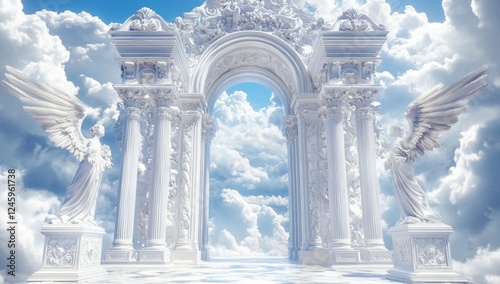 Heavenly Archway Angels, Clouds, Gate, Heaven, Digital Art, Fantasy, Background, Religious, Spiritual, Design