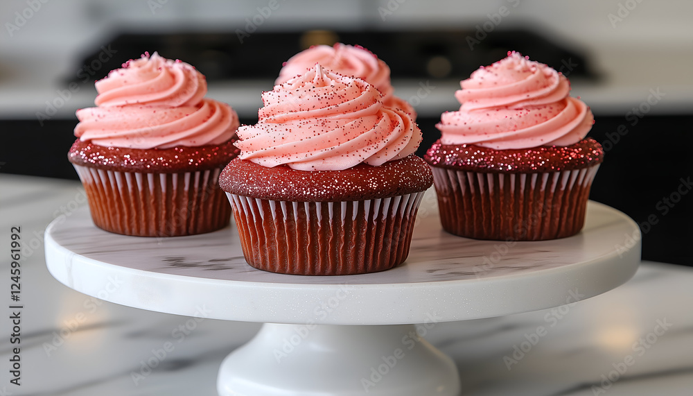 Three delicious chocolate cupcakes with pink frosting and sprinkles, elegantly displayed on a white cake stand against a modern kitchen backdrop. Three delicious chocolate cupcakes with pink frosting and sprinkles, elegantly displayed on a white cake stand against a modern kitchen backdrop.