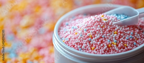 Detergent washing powder in a container with colorful granules and a plastic scoop for laundry cleaning solutions photo