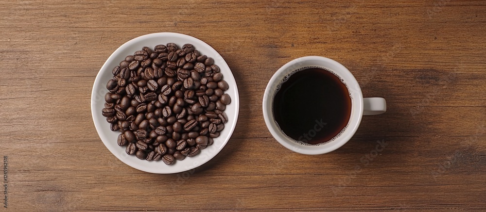Top view of Colombian roasted coffee beans in a bowl beside a steaming cup of freshly brewed coffee on a wooden table. Top view of Colombian roasted coffee beans in a bowl beside a steaming cup of freshly brewed coffee on a wooden table.