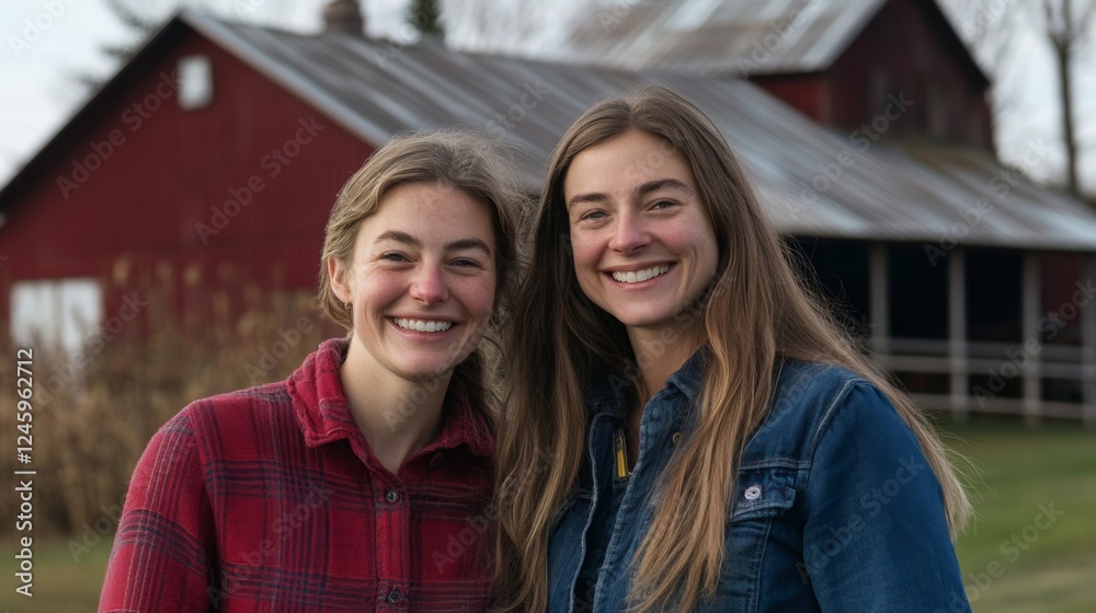 Two Women Smiling in Front of a Red Barn Two Women Smiling in Front of a Red Barn