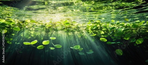 Lemna minor aquatic plant thriving in sunlight reflecting on tranquil water surface with lush green foliage and gentle light rays.