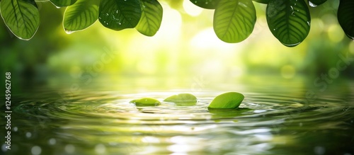Serene duckweed floating on tranquil water surface with lush green foliage and soft sunlight filtering through for a peaceful nature backdrop