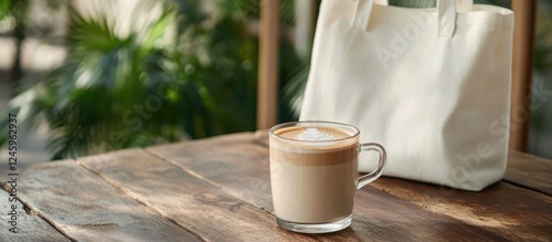 Hot latte coffee in a glass on a rustic wooden table with a stylish white tote bag and greenery in the background creating a cozy ambiance. photo